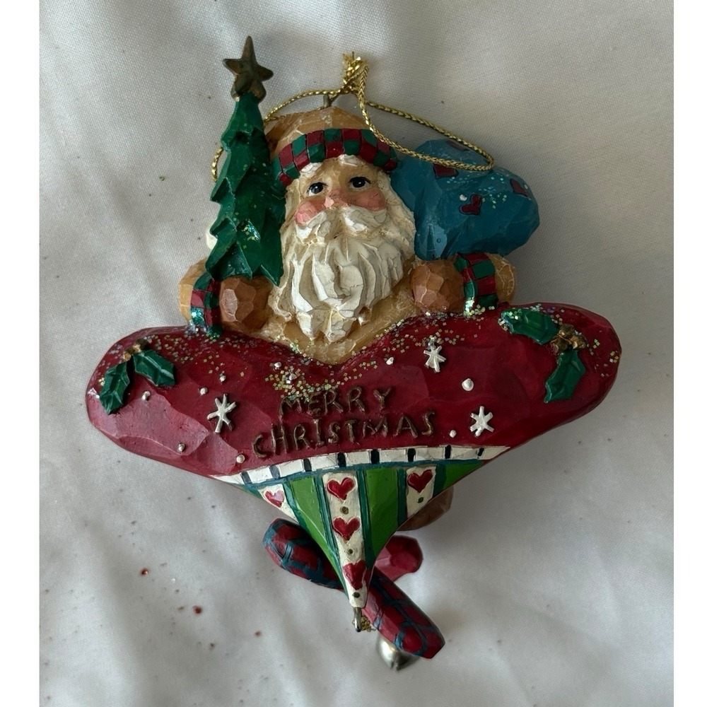 Santa Clause Air Plane Pilot Folk Art Country Americana Dough Ornament‎ 7'' EUC